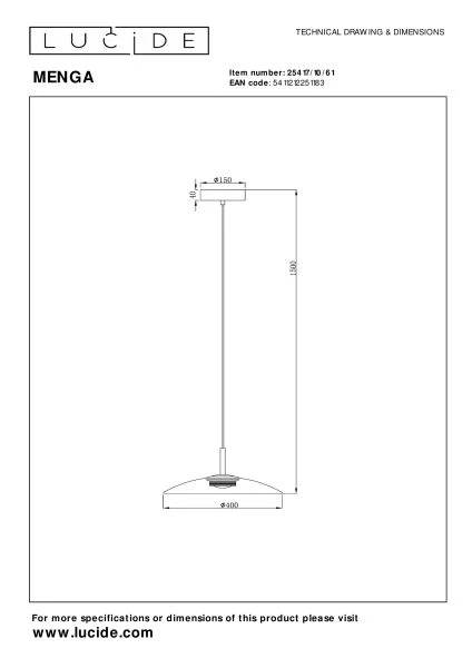 Lucide Premium MENGA - Suspension - Ø 40 cm - LED Dim. - 1x11W 2700K - Opalin - technique